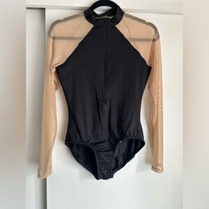 Natalie Dancewear Black Zip Leotard with Nude Mesh Sleeves - Adult XL